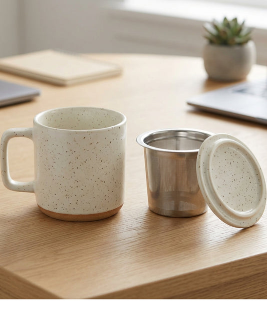 Pjwnx Reedcrest Speckled Ceramic Tea Cup with Infuser and Lid 12 oz Ivory - Lifestyle view