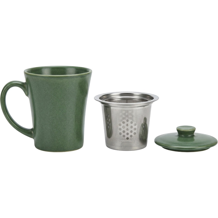 Pjwnx Flared Ceramic Tea Mug with Round-Hole Infuser and Lid 15 oz Forest Cream