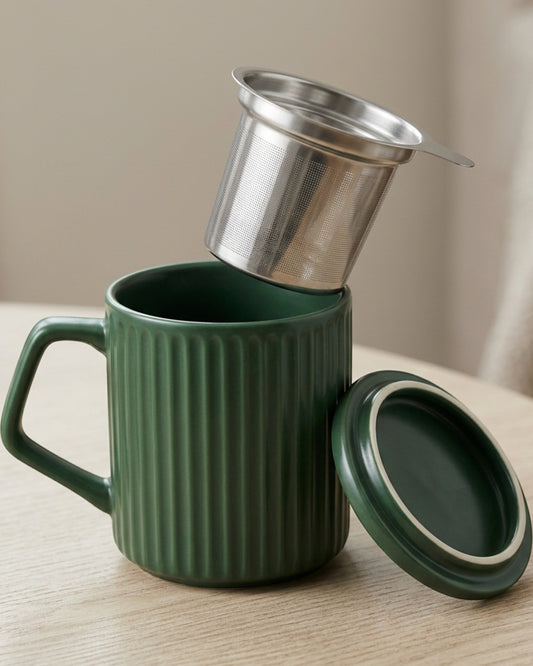Pjwnx Grovelid Ribbed Ceramic Tea Mug with Infuser and Lid 16 oz Forest Green - Lifestyle view