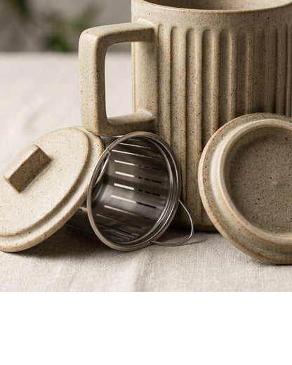 Pjwnx Ribbed Cylinder Ceramic Tea Cup with Slot Infuser and Lid 13 oz Clay Oat - Detail view