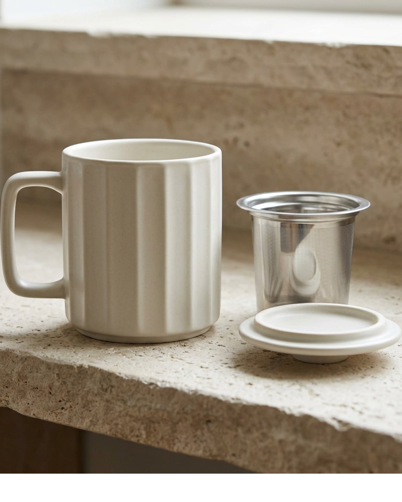 Pjwnx Ribbed Cylinder Ceramic Tea Cup with Slot Infuser and Lid 13 oz Clay Oat - Lifestyle view