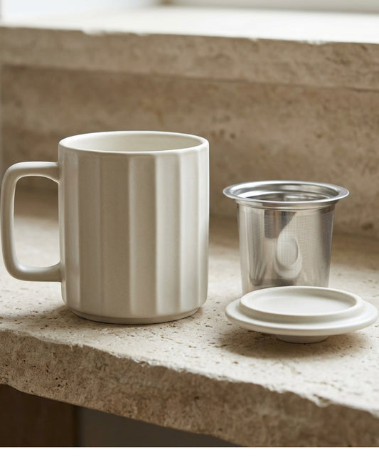 Pjwnx Ribbed Cylinder Ceramic Tea Cup with Slot Infuser and Lid 13 oz Clay Oat - Lifestyle view
