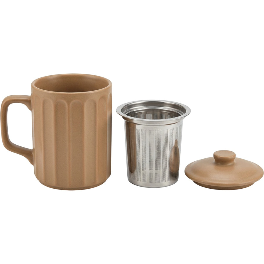 Pjwnx Ribbed Cylinder Ceramic Tea Cup with Slot Infuser and Lid 13 oz Clay Oat
