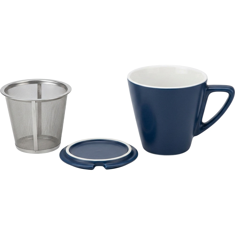 Pjwnx Tapered Ceramic Tea Cup with Mesh-Panel Infuser and Lid 11 oz Navy White - Product view