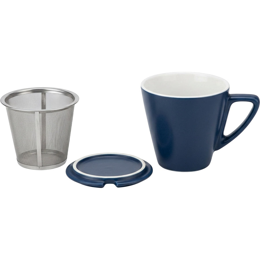 Pjwnx Tapered Ceramic Tea Cup with Mesh-Panel Infuser and Lid 11 oz Navy White